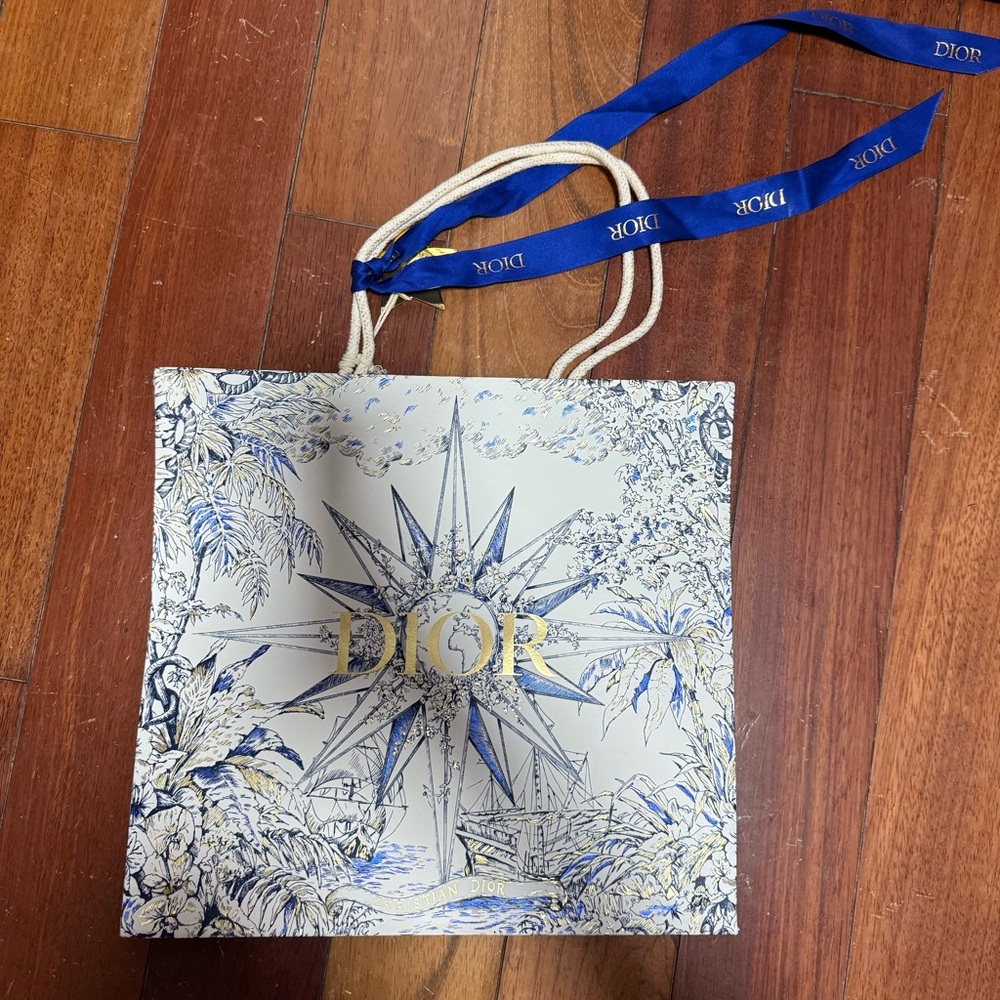 Dior 2022 Holiday Nautical Toile Gift Bag w Gold Star Charm RARE!!